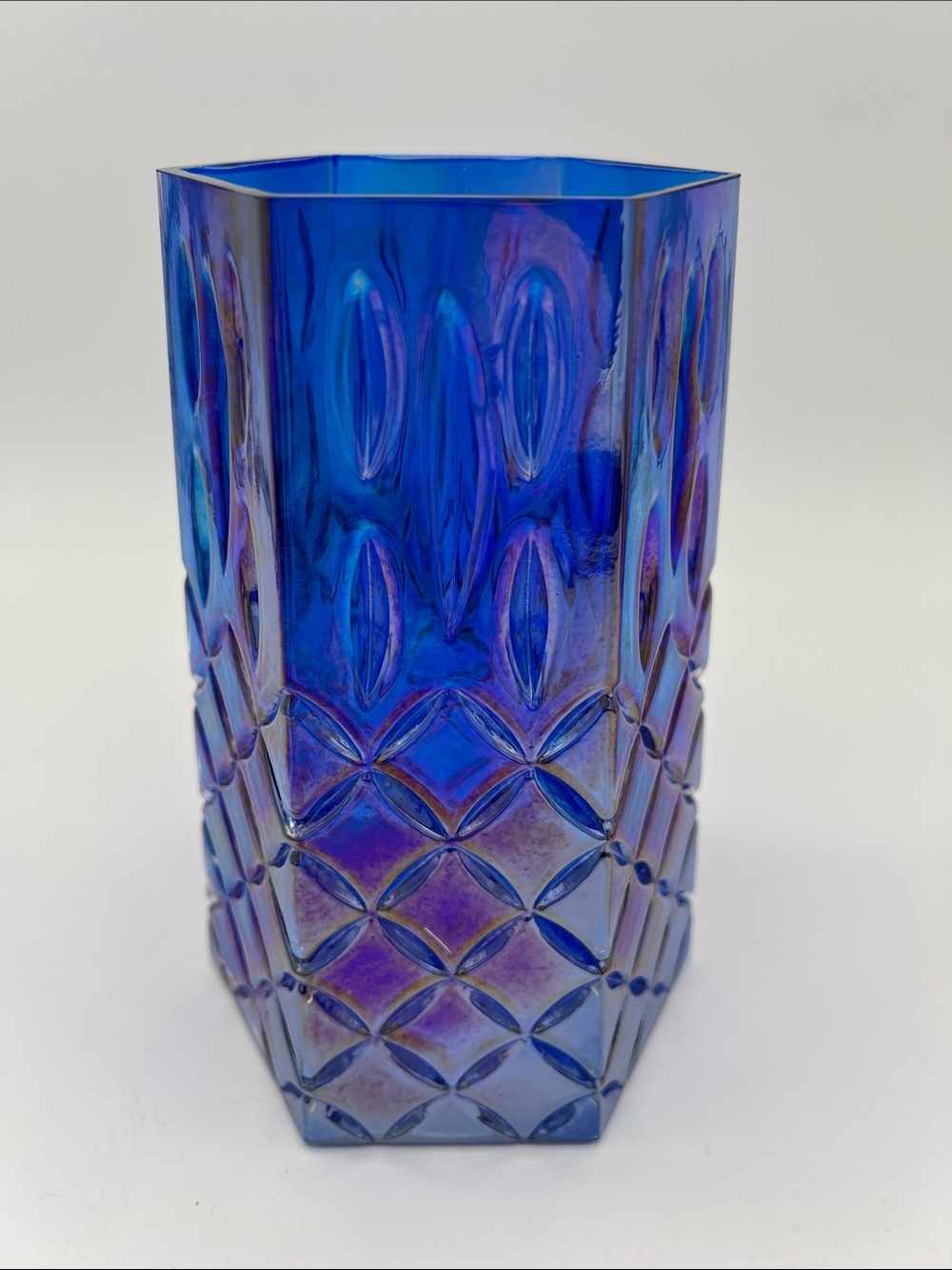 Vintage FTD Iridescent Blue and Purple Glass Cut 8” Hexagonal Vase